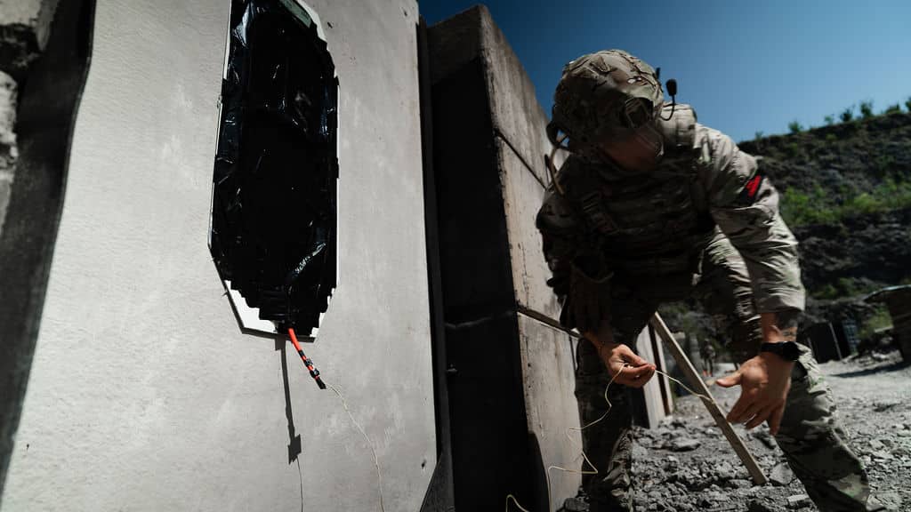 Explosive breaching training on the dedicated breaching area at Broadmead Range