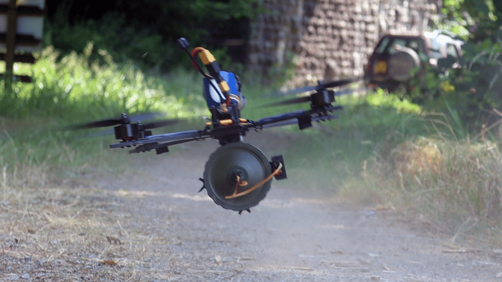 A drone equipped with an Alford shaped charge takes flight